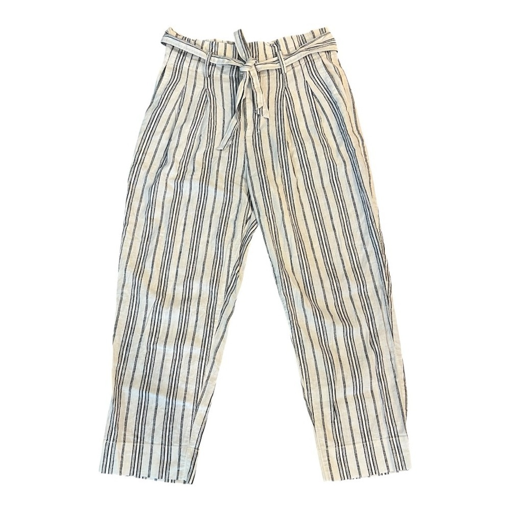 MADEWELL Linen Paperbag Pants White Cotton Dark Baltic Stripe AN839 Size 6 - Picture 5 of 16